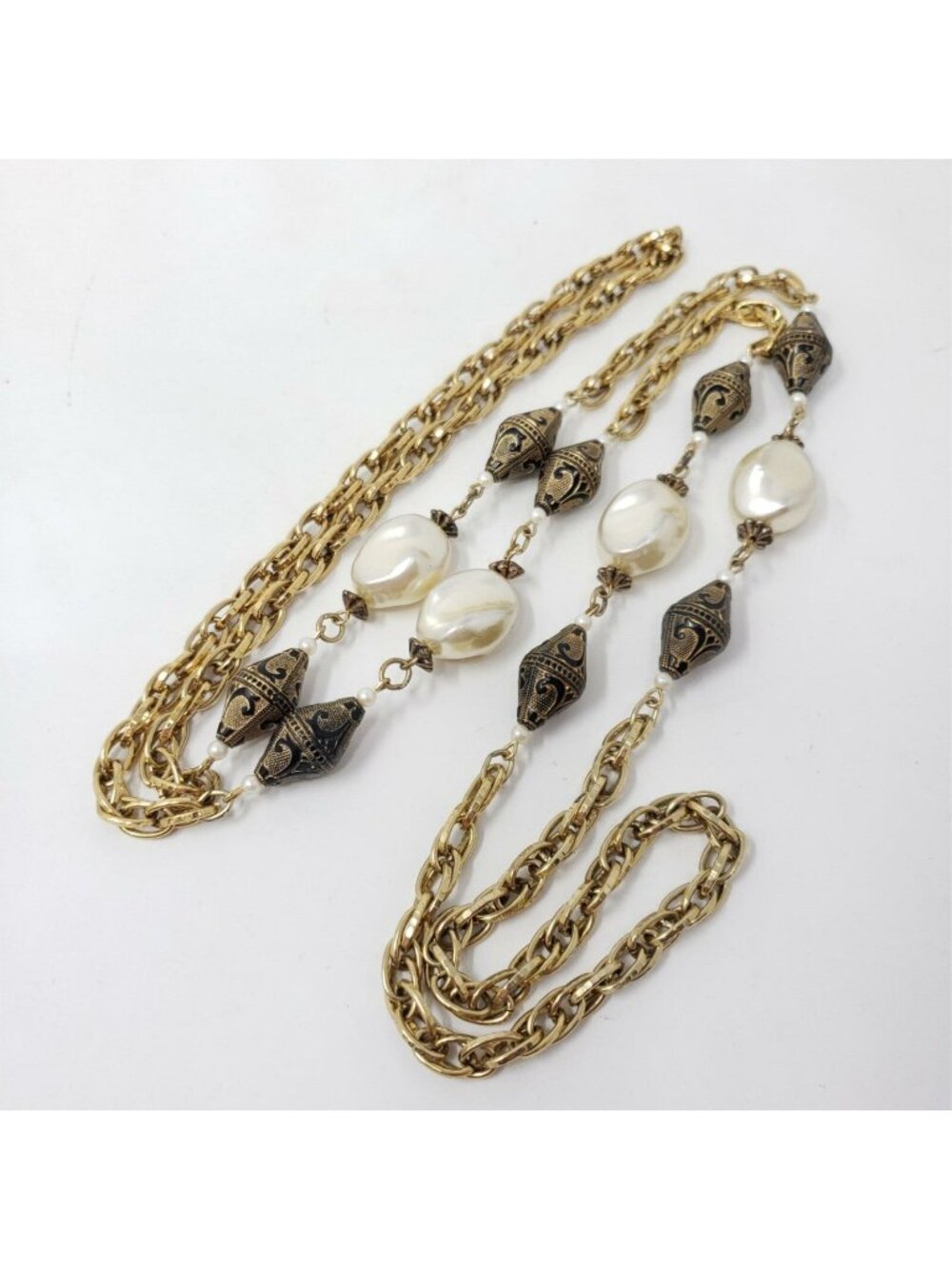 Vintage Taille d' Epargne Faux Baroque Pearl Station Chain Long 44" Necklace